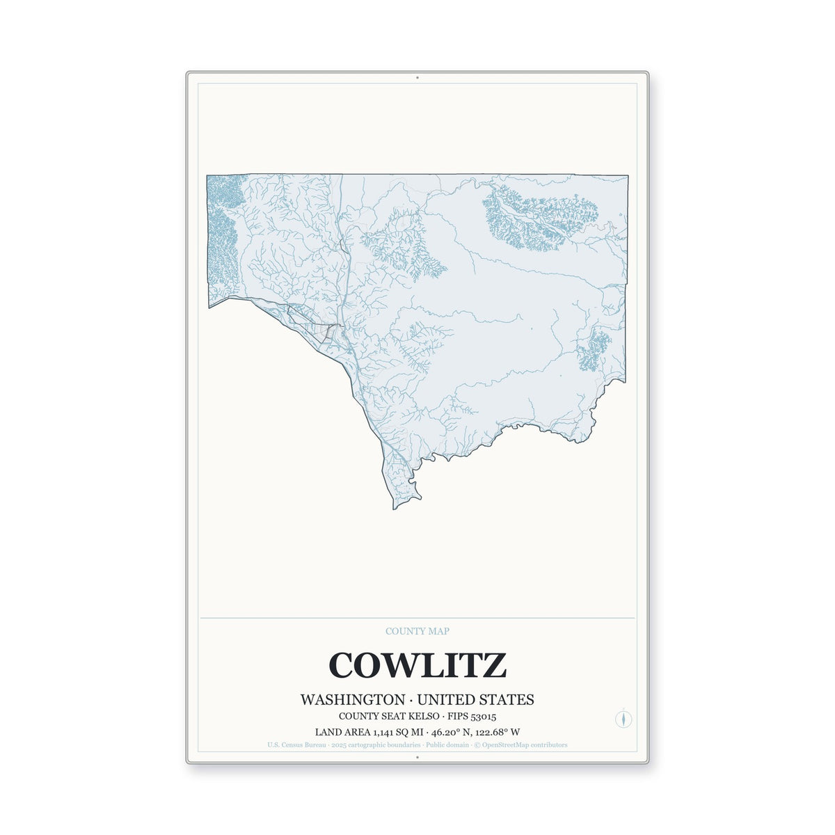 Cowlitz County, Washington Map Aluminum Sign in Gallery Air style