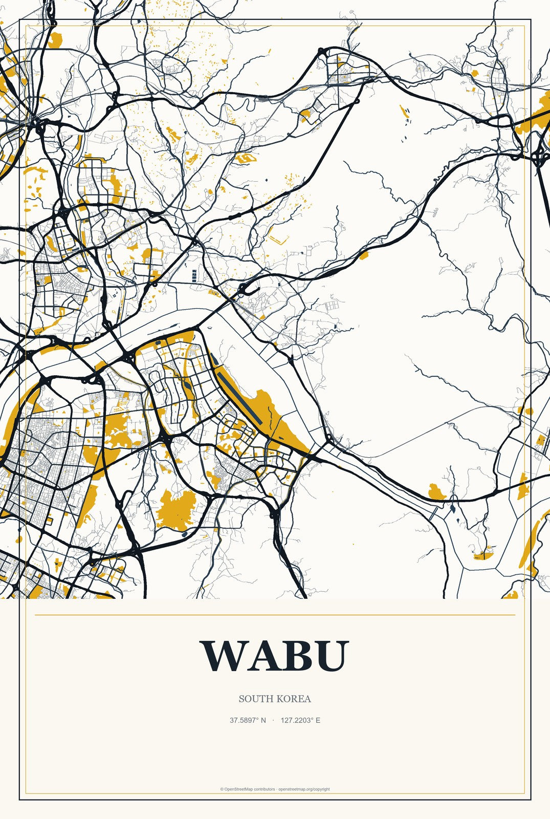 Wabu, South Korea City Map Aluminum Sign in Citrine Modern style