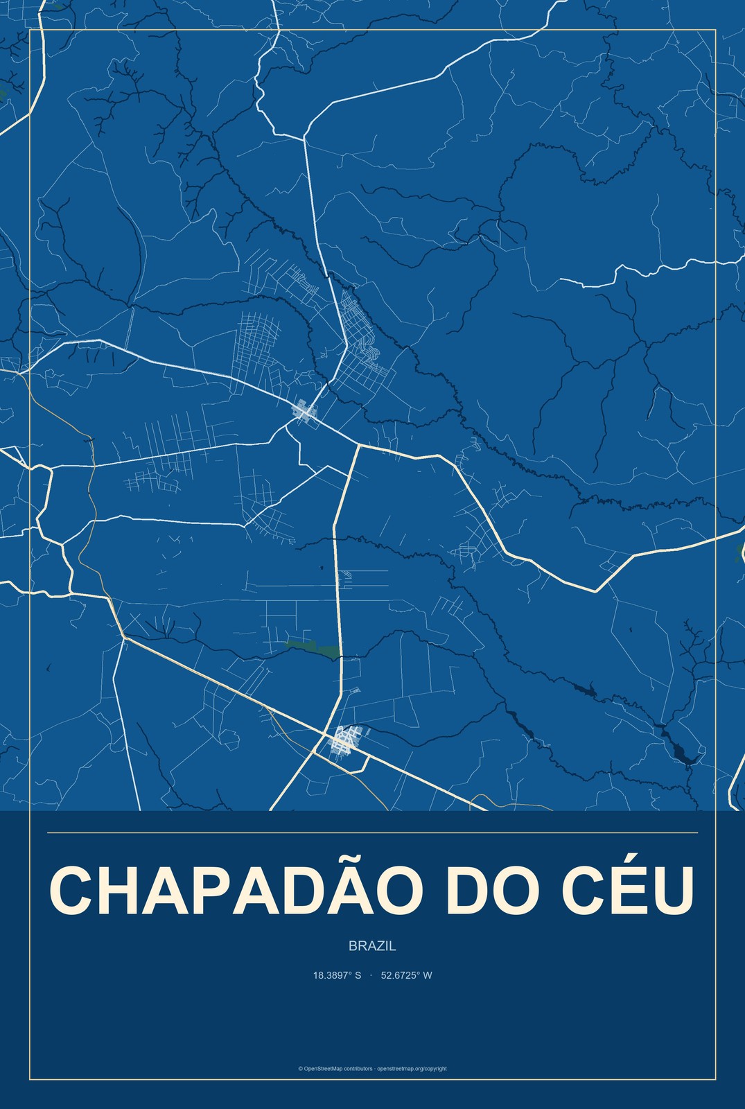 Chapadão do Céu, Brazil City Map Aluminum Sign in Harbor Cobalt style