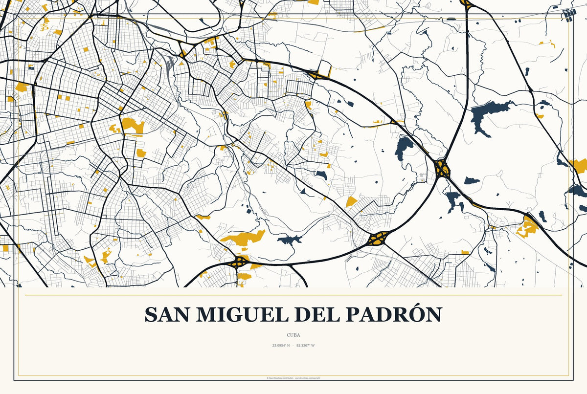 San Miguel del Padrón, Cuba City Map Aluminum Sign in Citrine Modern style