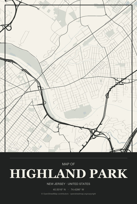 Highland Park, New Jersey City Map Aluminum Sign in Museum Plaque style