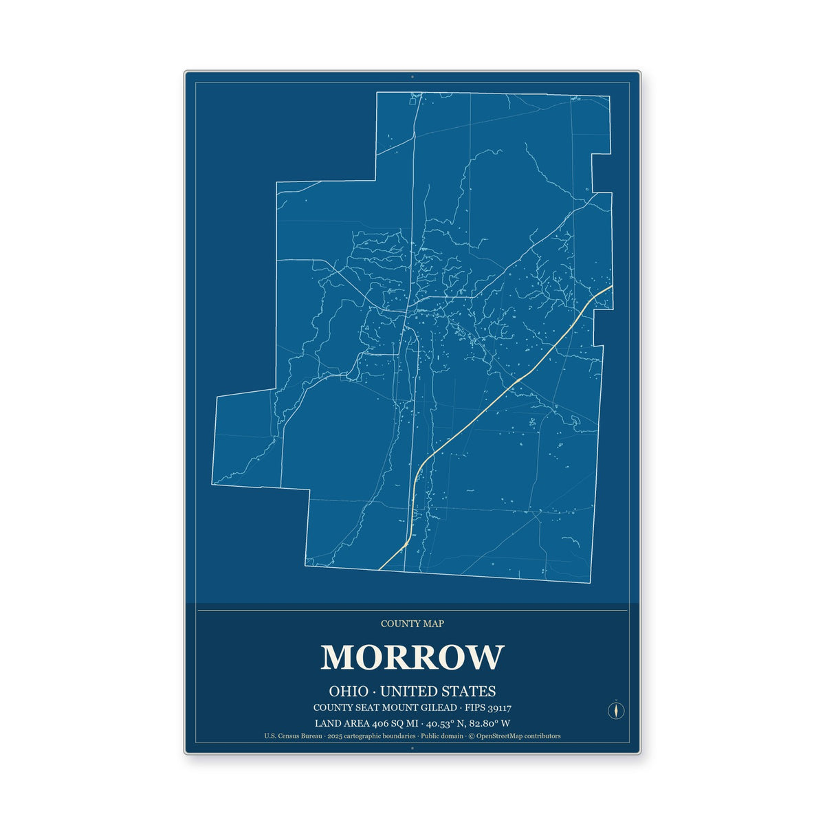 Morrow County, Ohio Map Aluminum Sign in Harbor Cobalt style