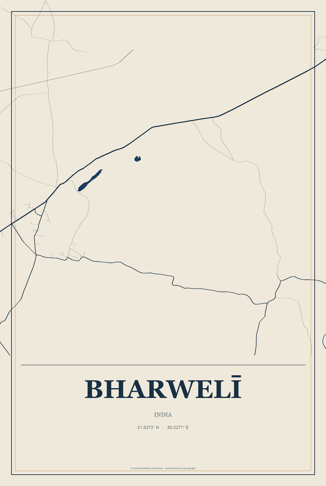 Bharwelī, India City Map Aluminum Sign in Coastal Cutout style