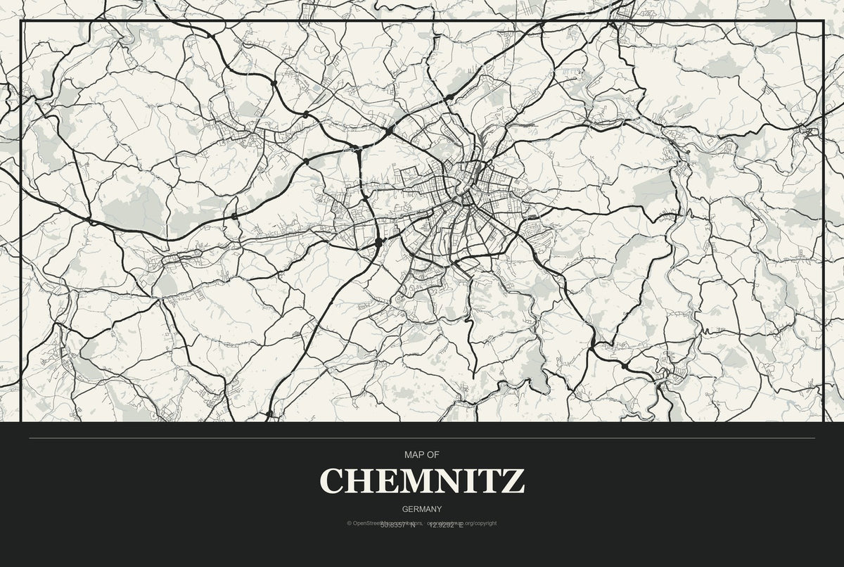 Chemnitz, Germany City Map Aluminum Sign in Museum Plaque style