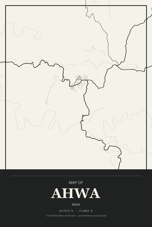 Ahwa, India City Map Aluminum Sign in Museum Plaque style