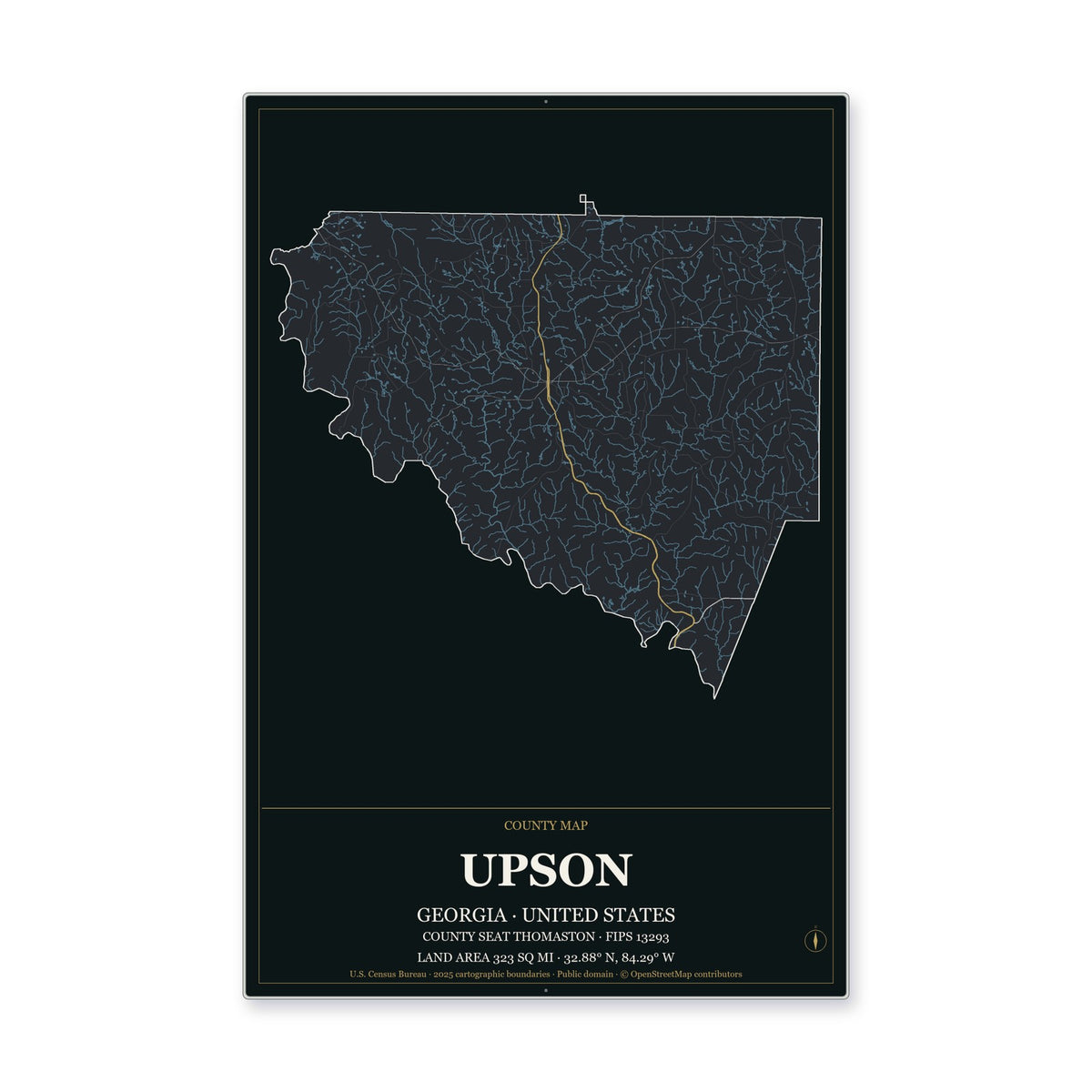 Upson County, Georgia Map Aluminum Sign in Metropolitan Noir style