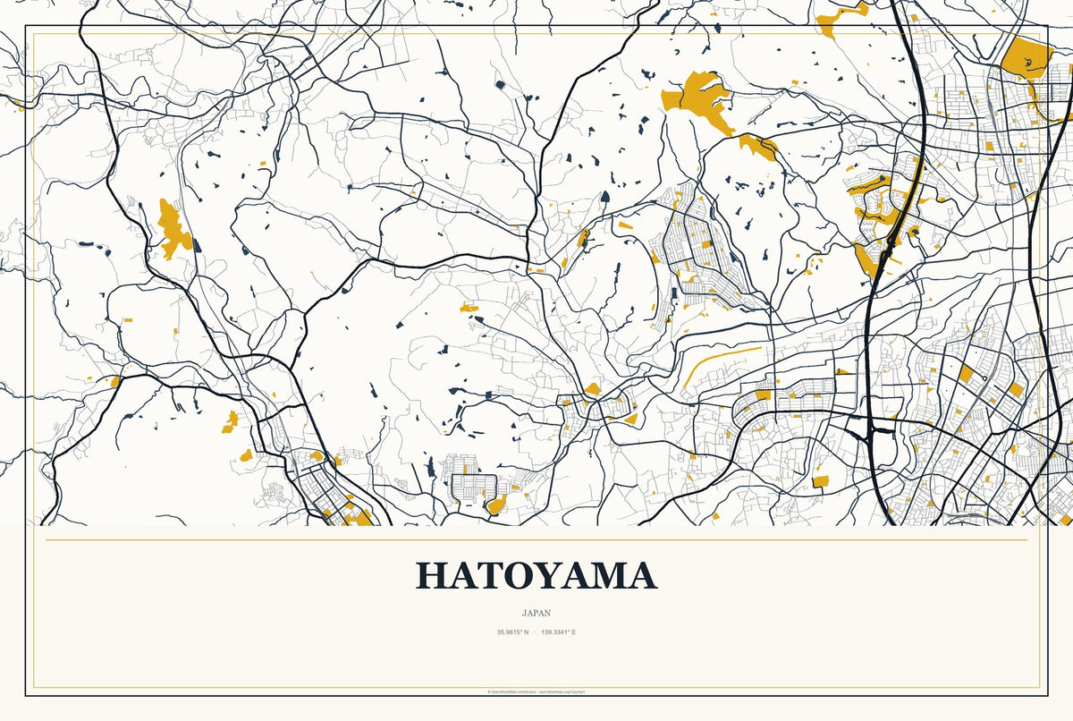 Hatoyama, Japan City Map Aluminum Sign in Citrine Modern style