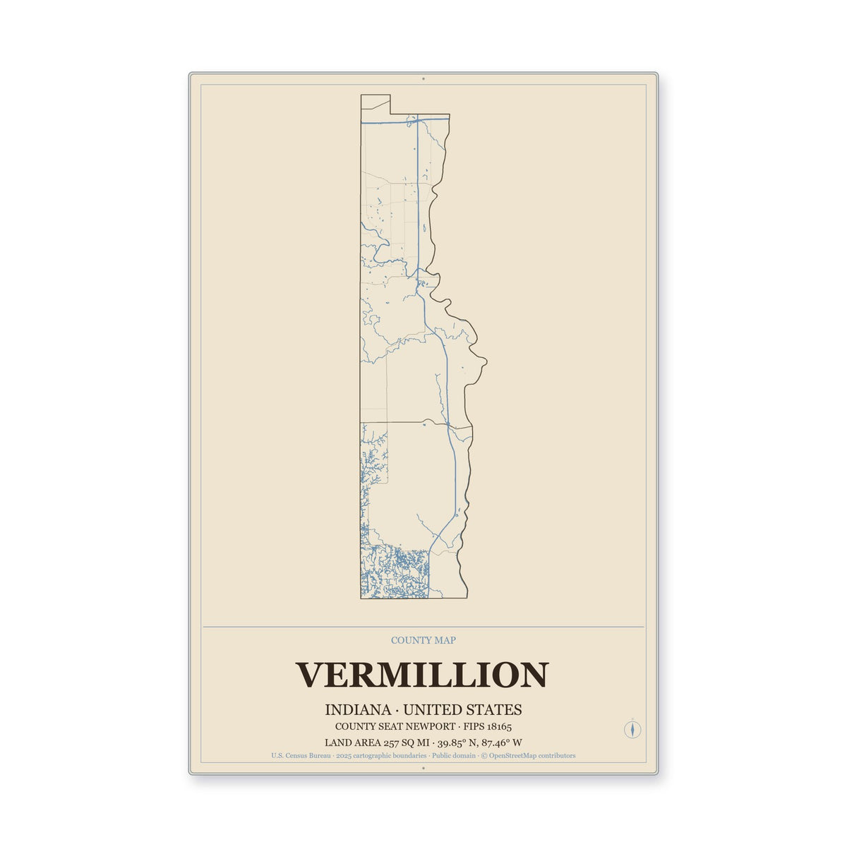 Vermillion County, Indiana Map Aluminum Sign in Heritage Nautical style