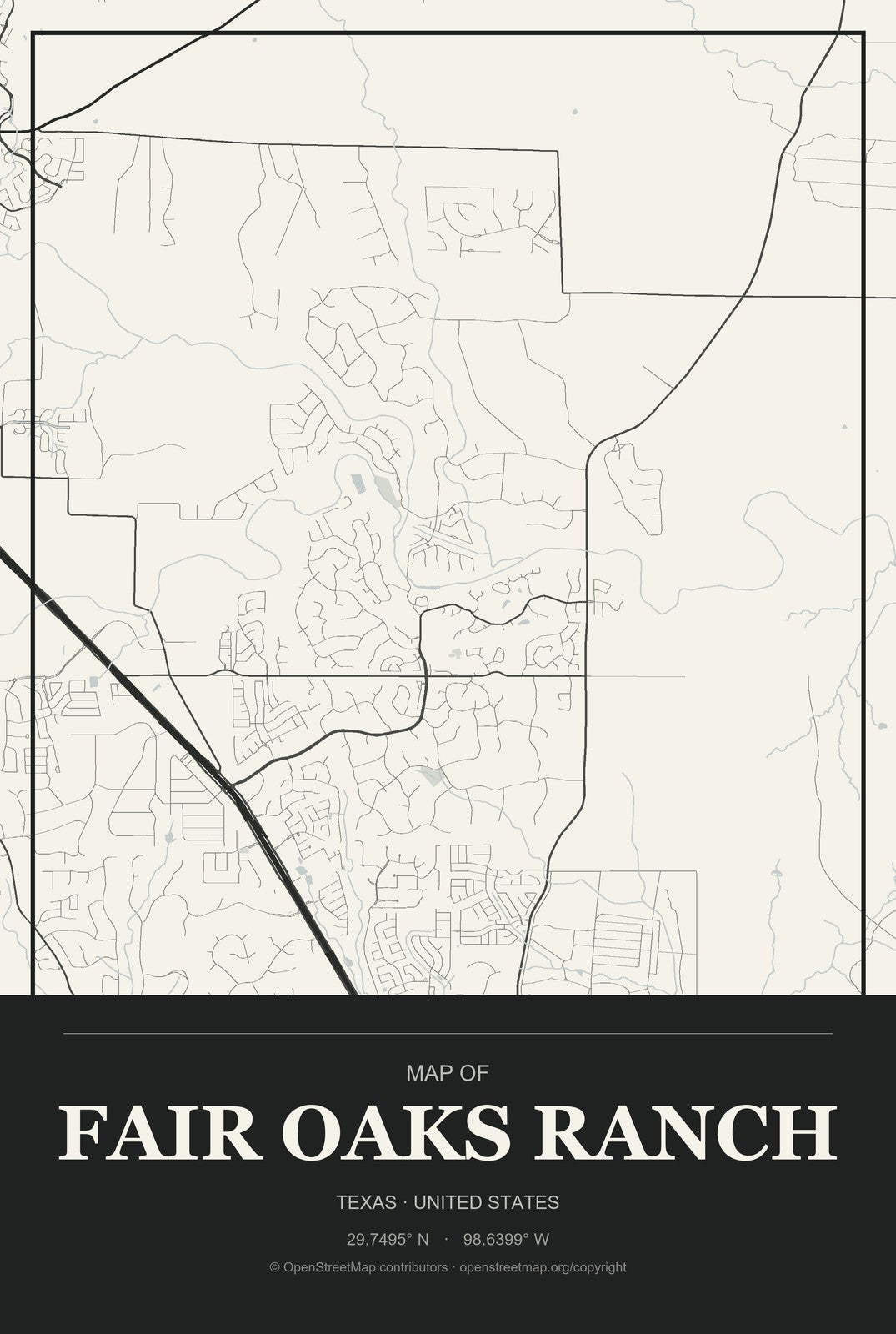 Fair Oaks Ranch, Texas City Map Aluminum Sign in Museum Plaque style
