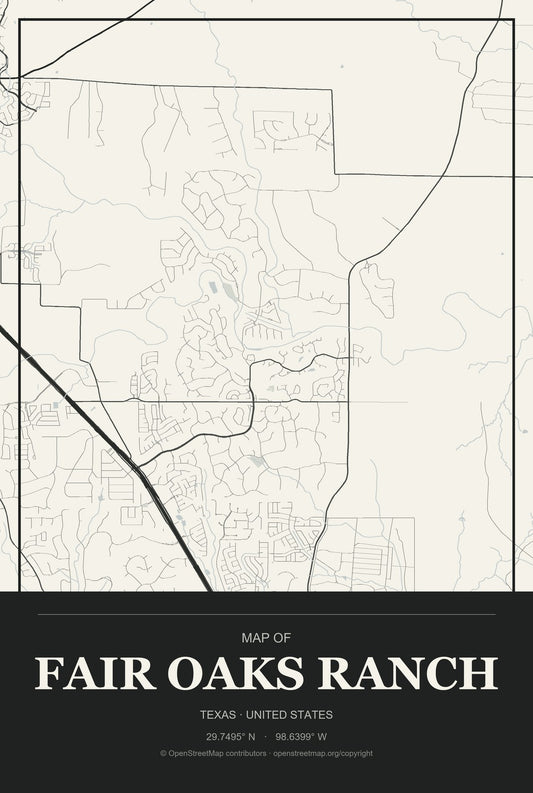 Fair Oaks Ranch, Texas City Map Aluminum Sign in Museum Plaque style