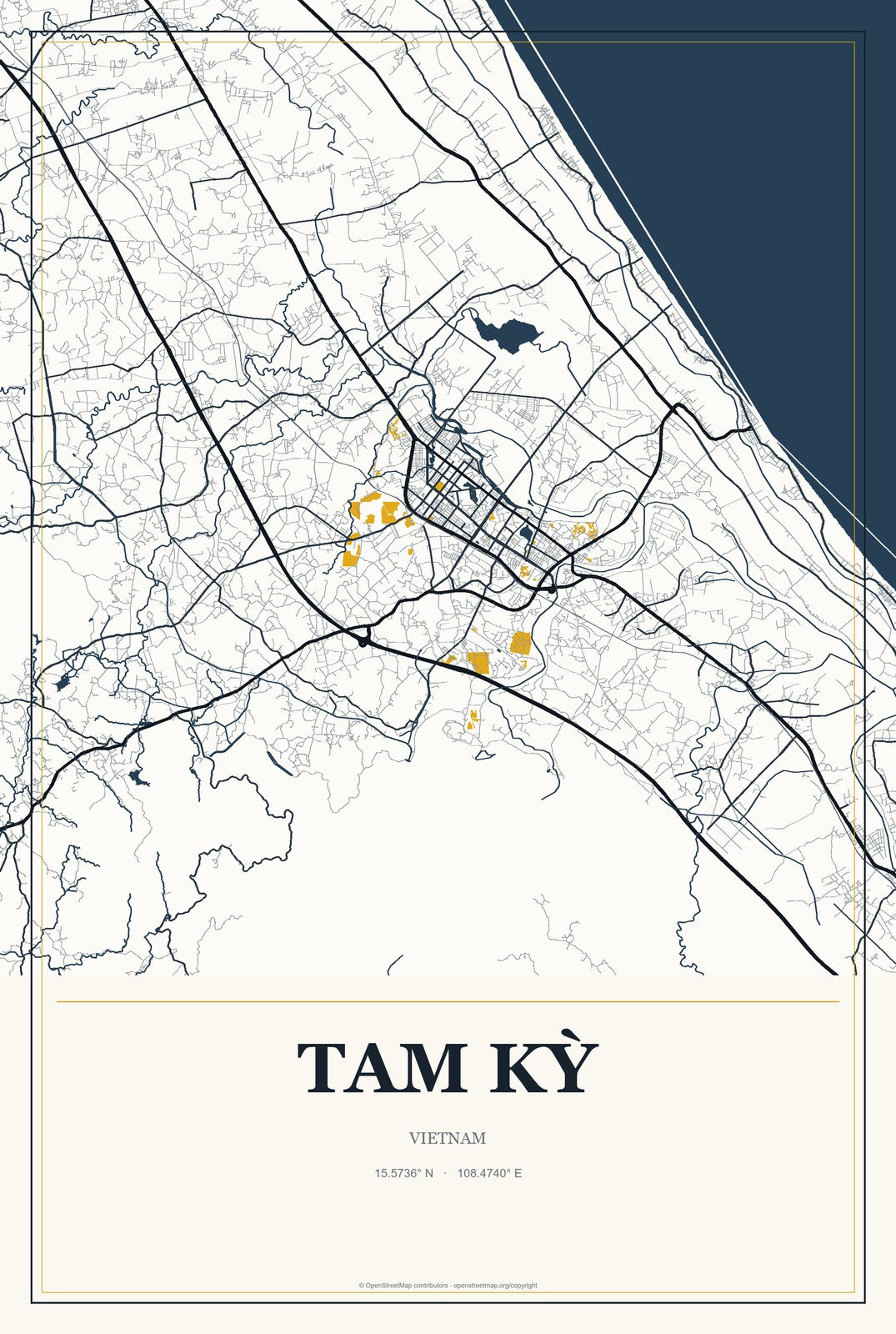 Tam Kỳ, Vietnam City Map Aluminum Sign in Citrine Modern style