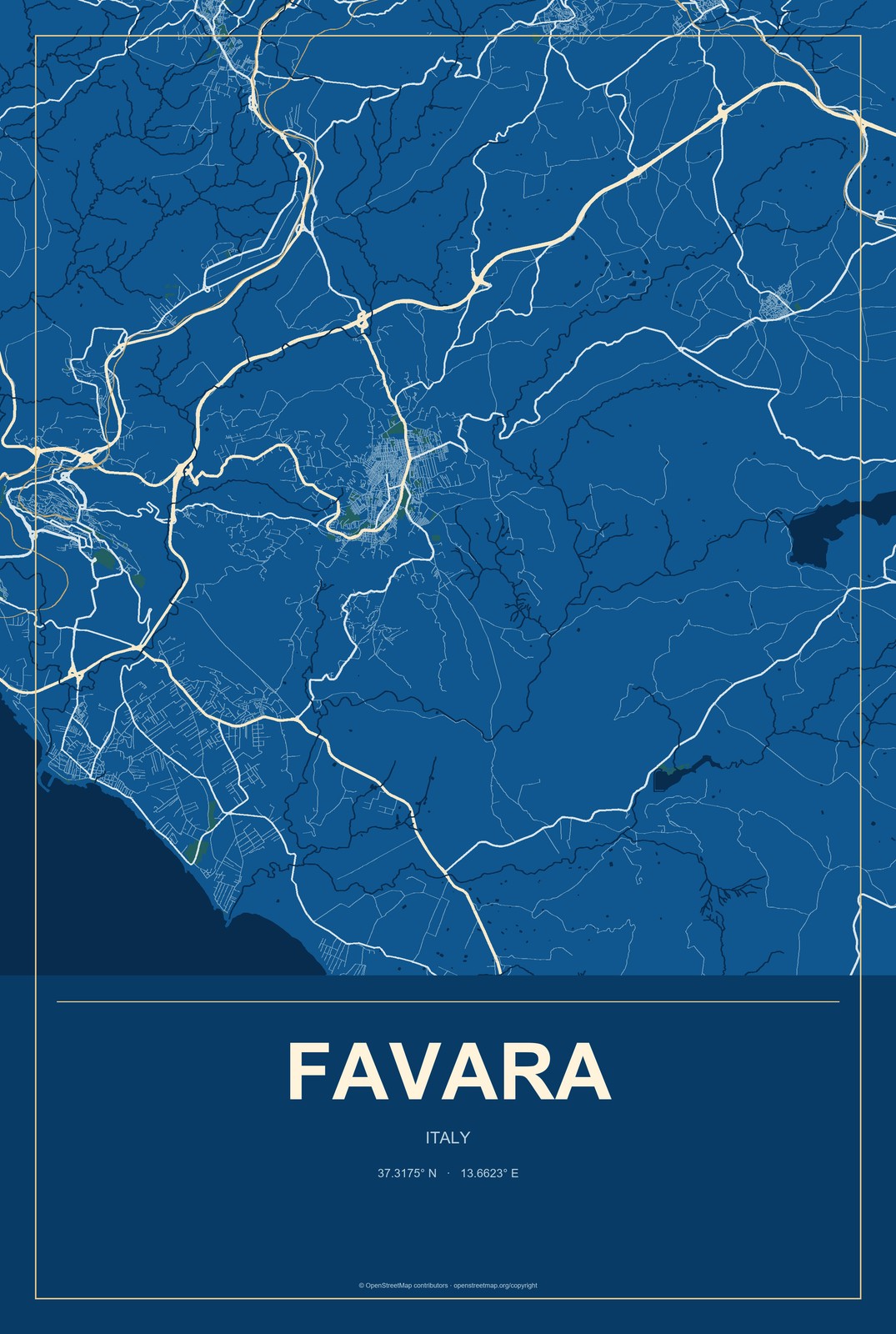 Favara, Italy City Map Aluminum Sign in Harbor Cobalt style