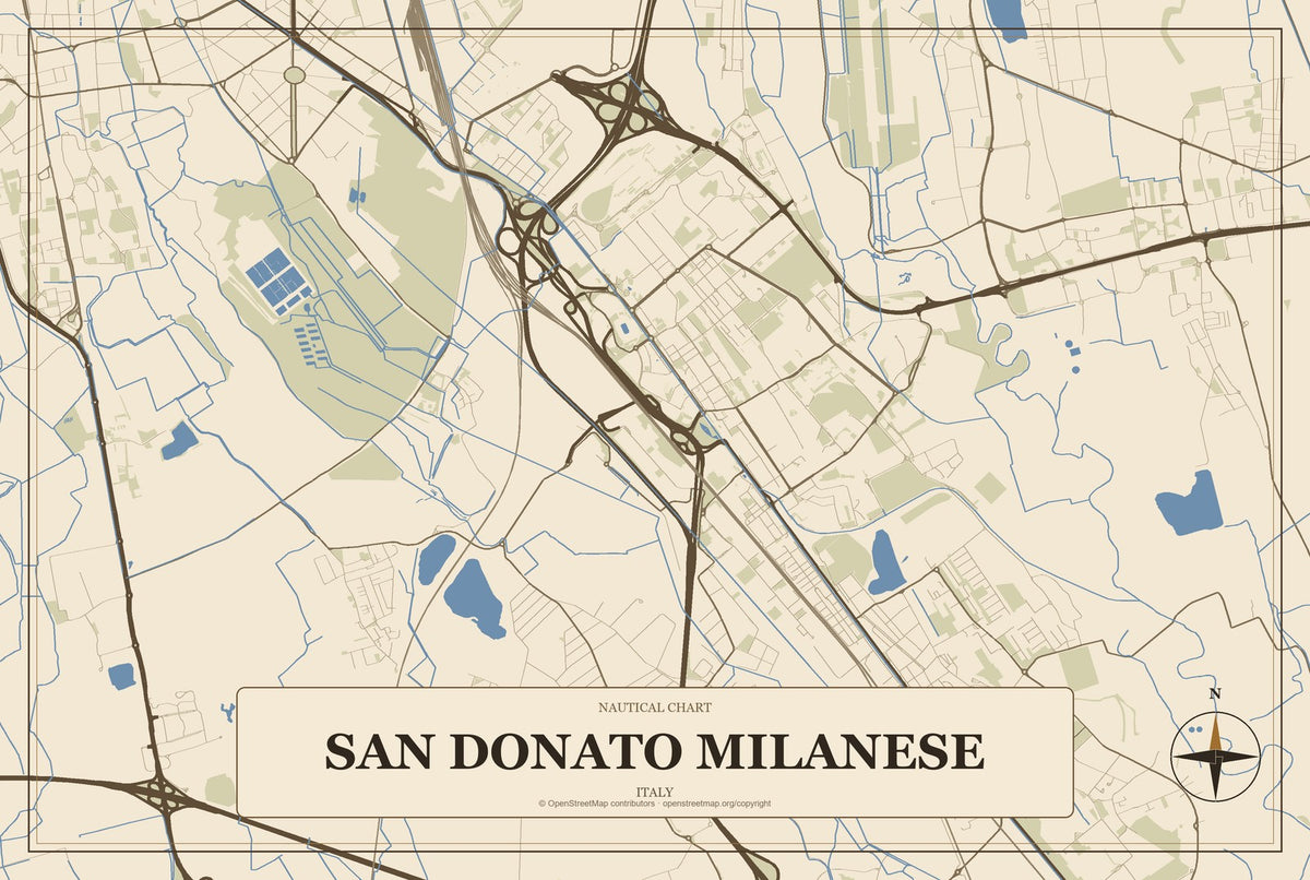 San Donato Milanese, Italy City Map Aluminum Sign in Heritage Nautical style