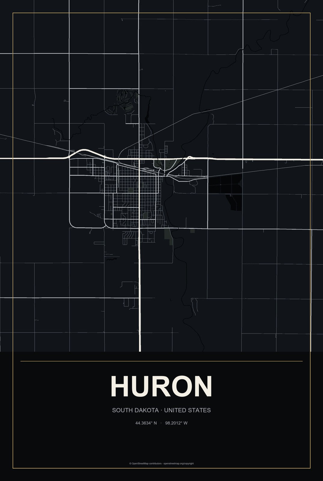 Huron, South Dakota City Map Aluminum Sign in Metropolitan Noir style