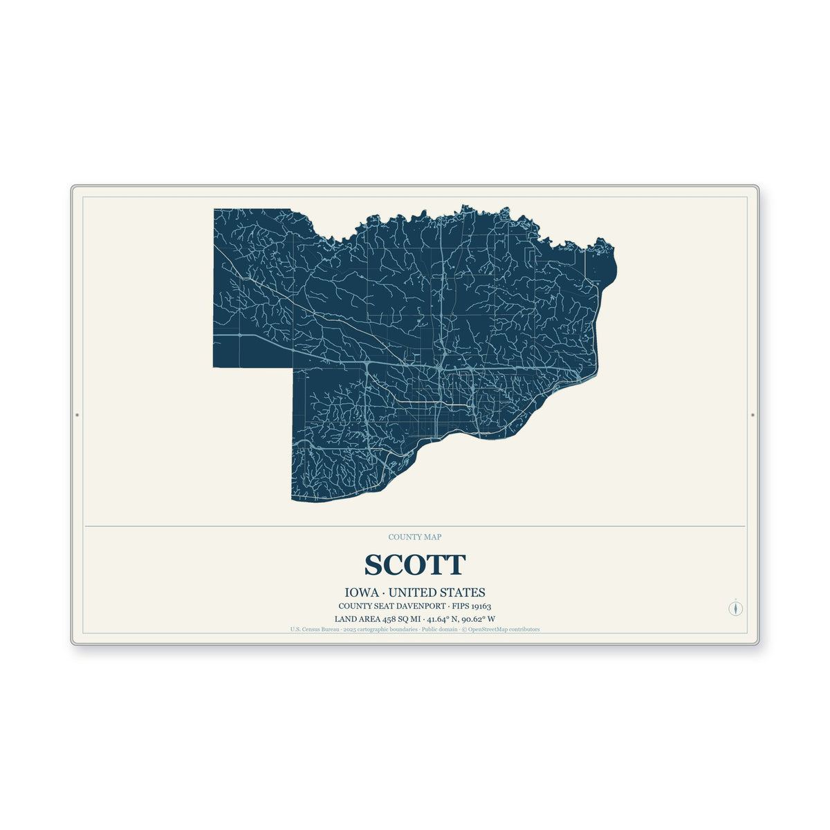 Scott County, Iowa Map Aluminum Sign in Coastal Cutout style
