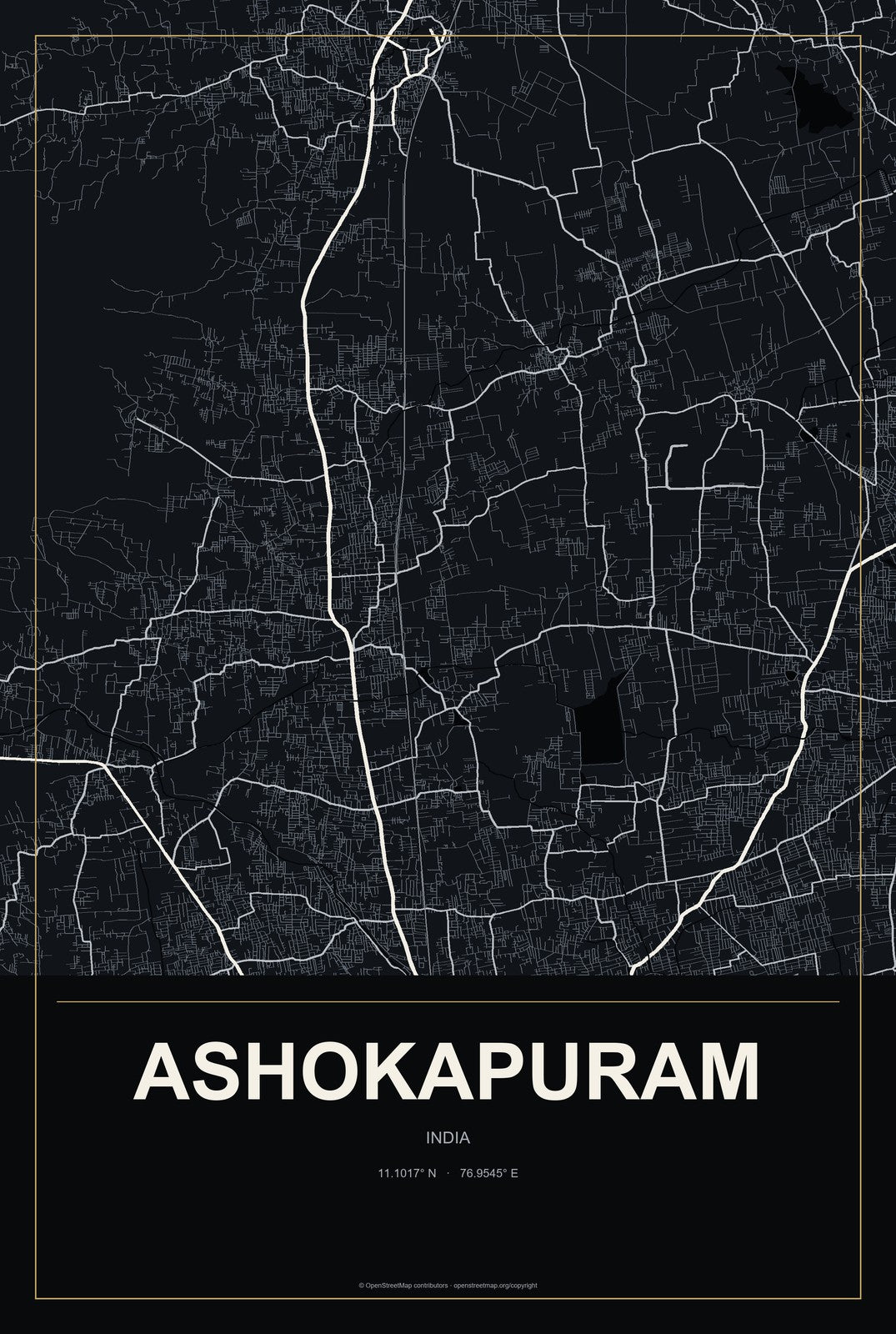 Ashokapuram, India City Map Aluminum Sign in Metropolitan Noir style