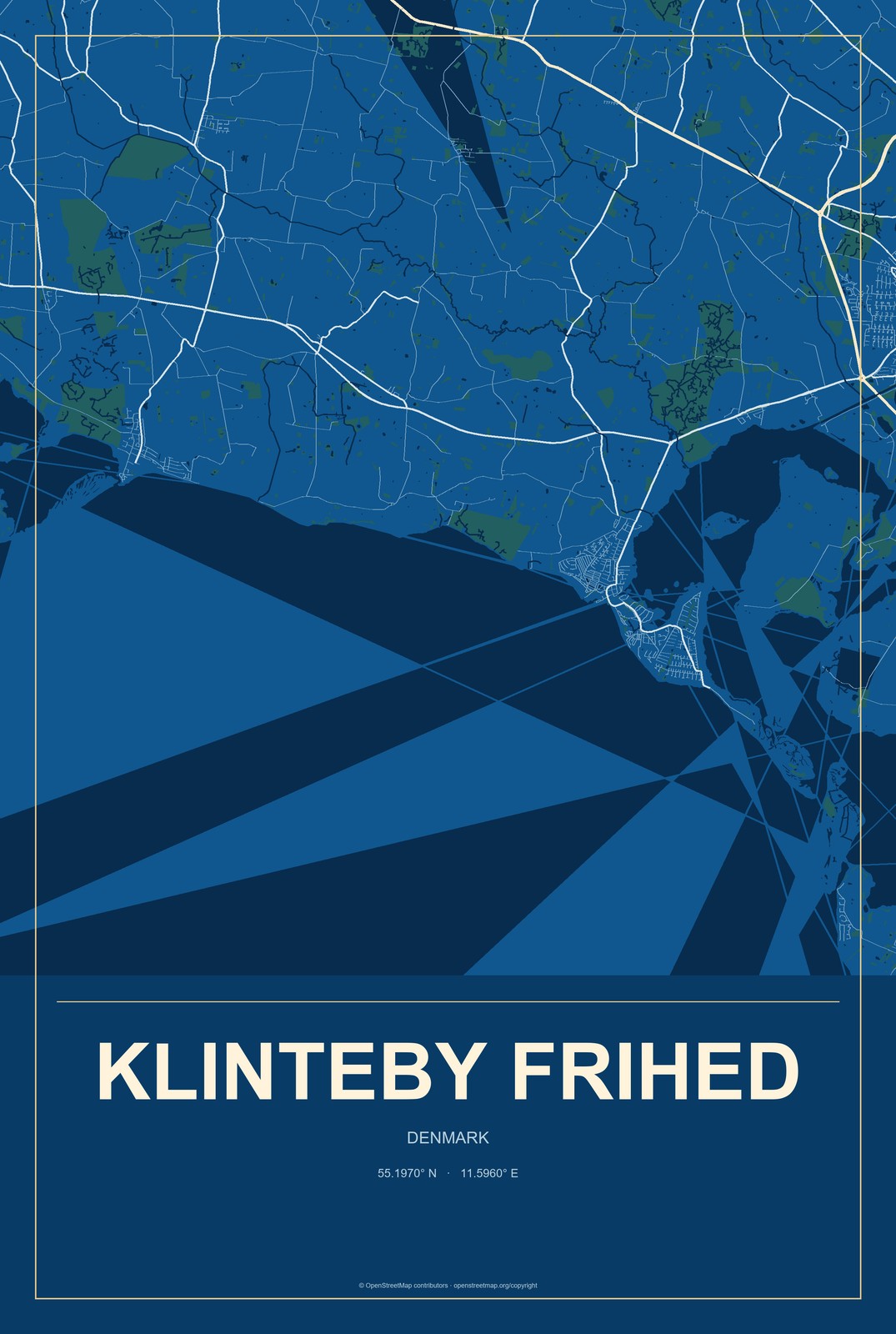 Klinteby Frihed, Denmark City Map Aluminum Sign in Harbor Cobalt style