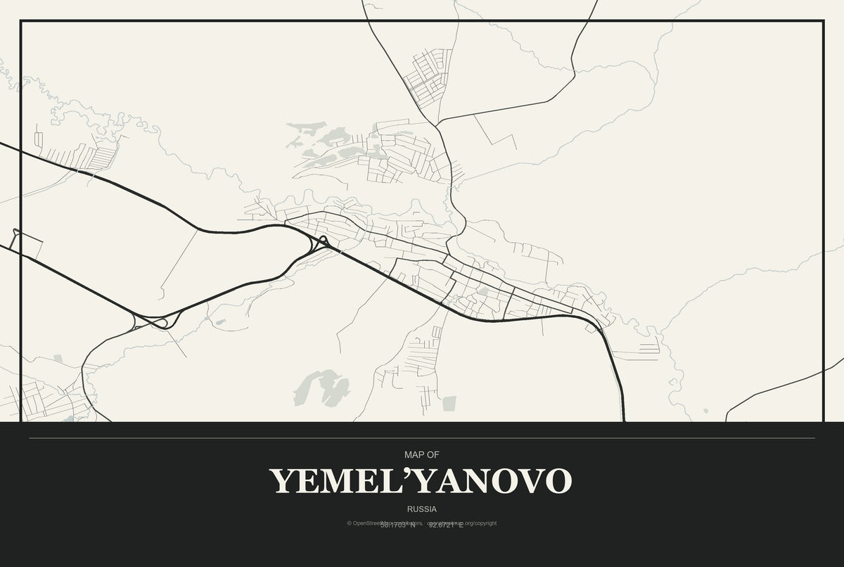 Yemel’yanovo, Russia City Map Aluminum Sign in Museum Plaque style
