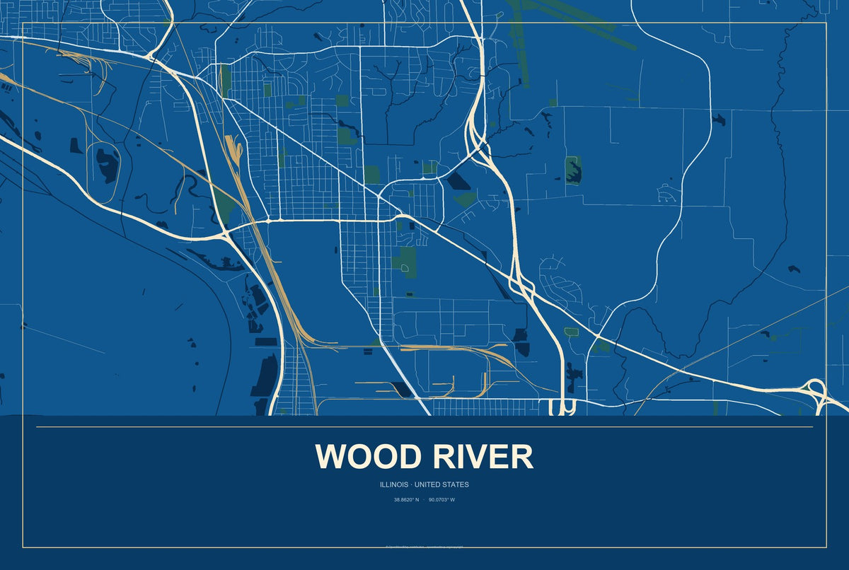 Wood River, Illinois City Map Aluminum Sign in Harbor Cobalt style