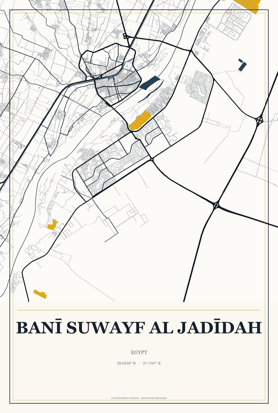 Banī Suwayf al Jadīdah, Egypt City Map Aluminum Sign in Citrine Modern style