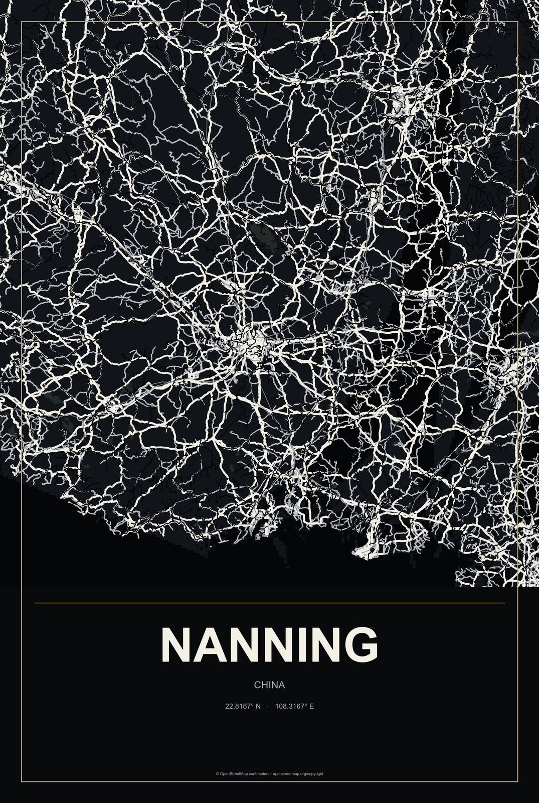 Nanning, China City Map Aluminum Sign in Metropolitan Noir style