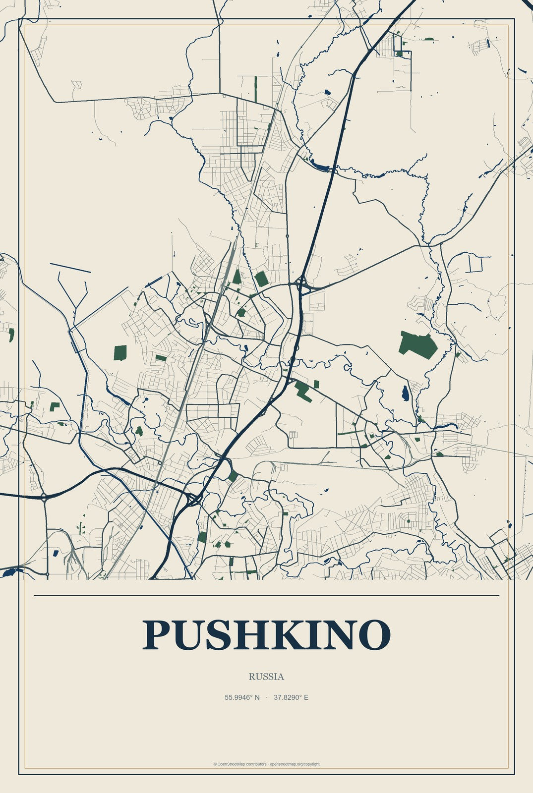 Pushkino, Russia City Map Aluminum Sign in Coastal Cutout style