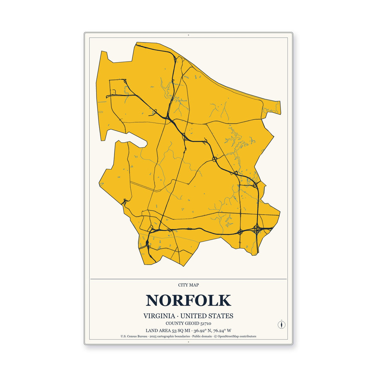 Norfolk city, Virginia Map Aluminum Sign in Citrine Modern style