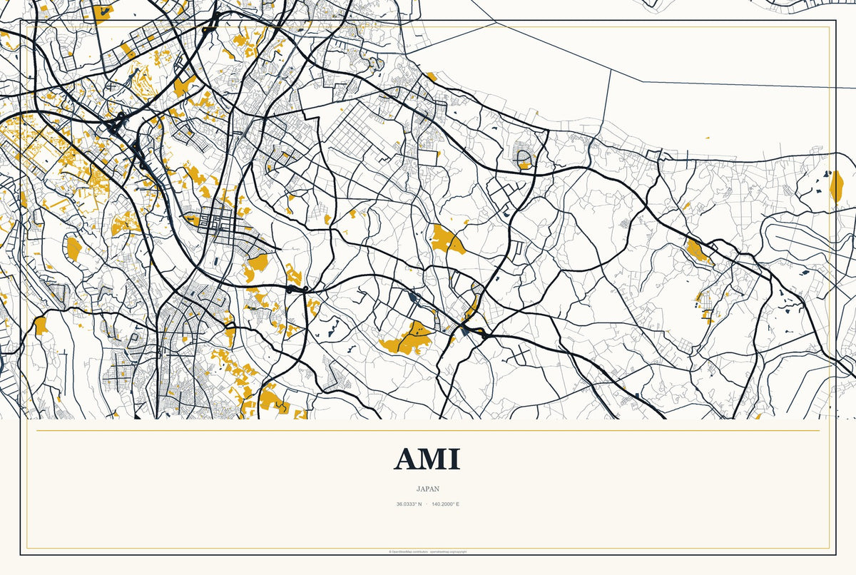 Ami, Japan City Map Aluminum Sign in Citrine Modern style