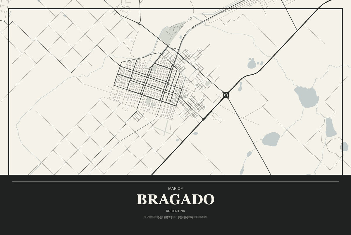 Bragado, Argentina City Map Aluminum Sign in Museum Plaque style