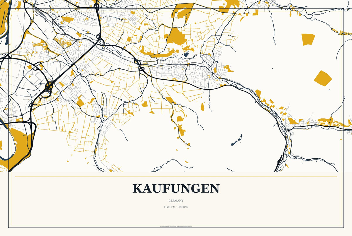 Kaufungen, Germany City Map Aluminum Sign in Citrine Modern style