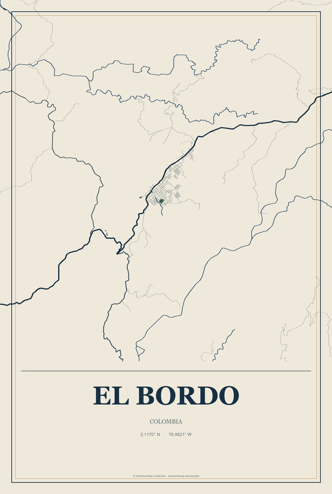 El Bordo, Colombia City Map Aluminum Sign in Coastal Cutout style