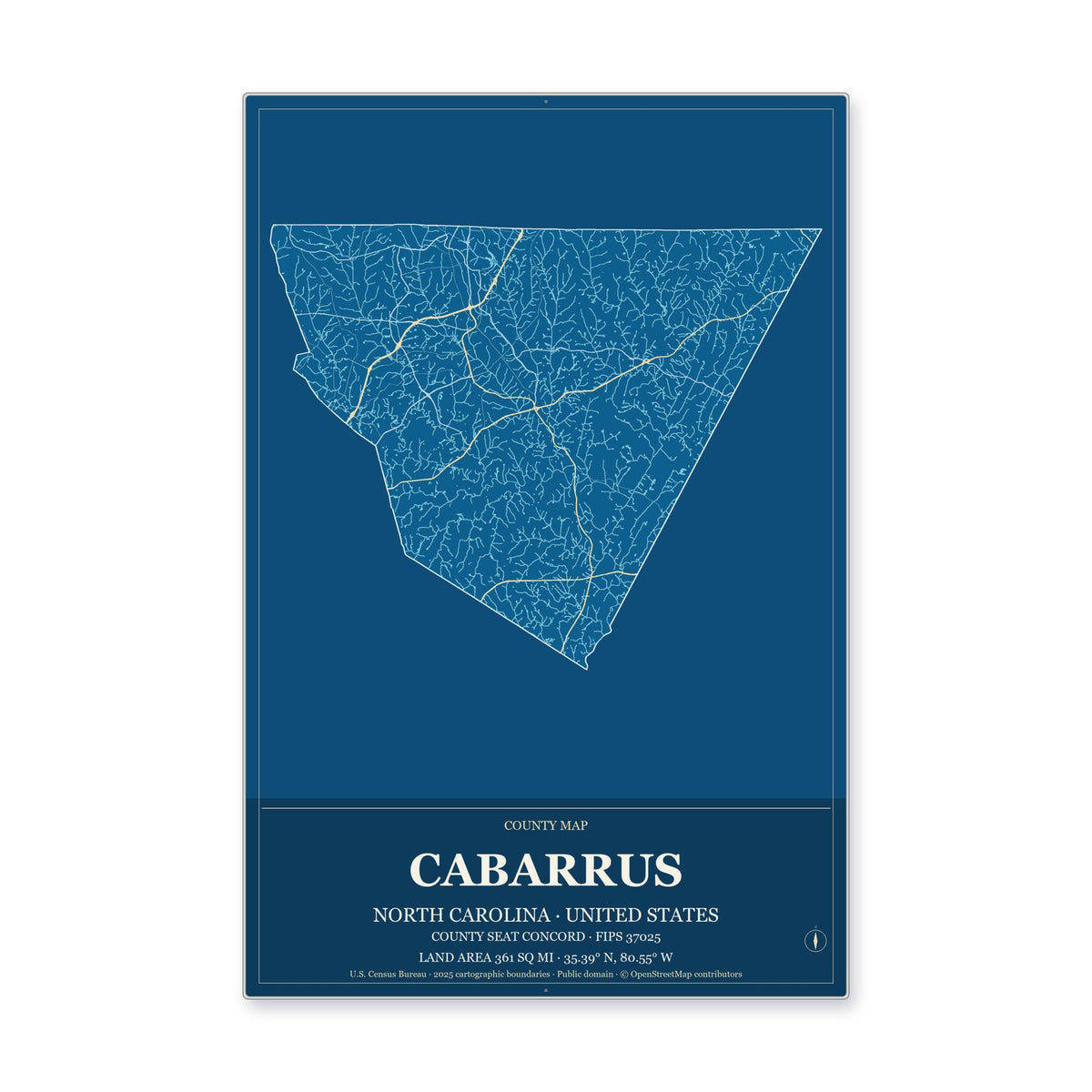 Cabarrus County, North Carolina Map Aluminum Sign in Harbor Cobalt style