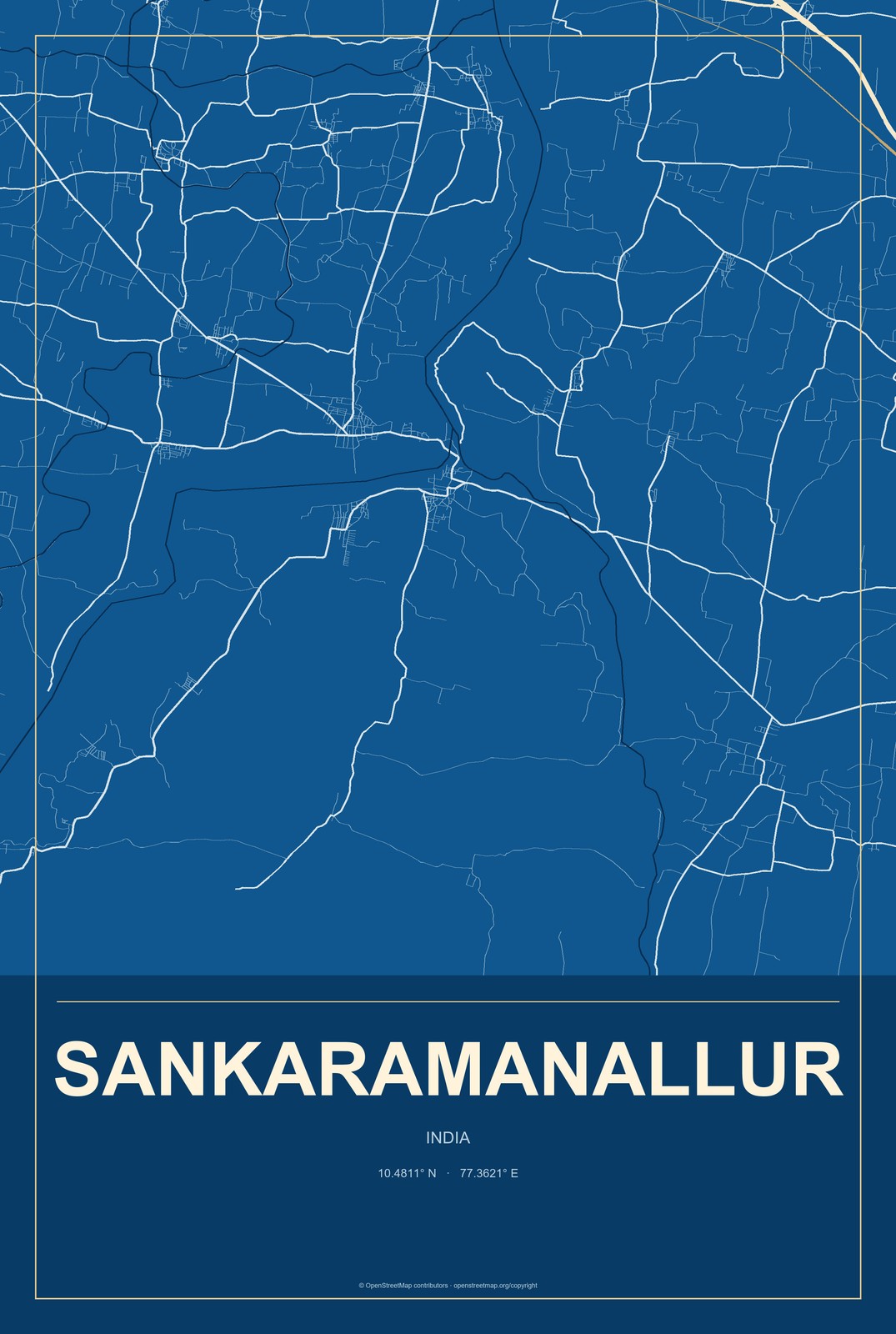 Sankaramanallur, India City Map Aluminum Sign in Harbor Cobalt style