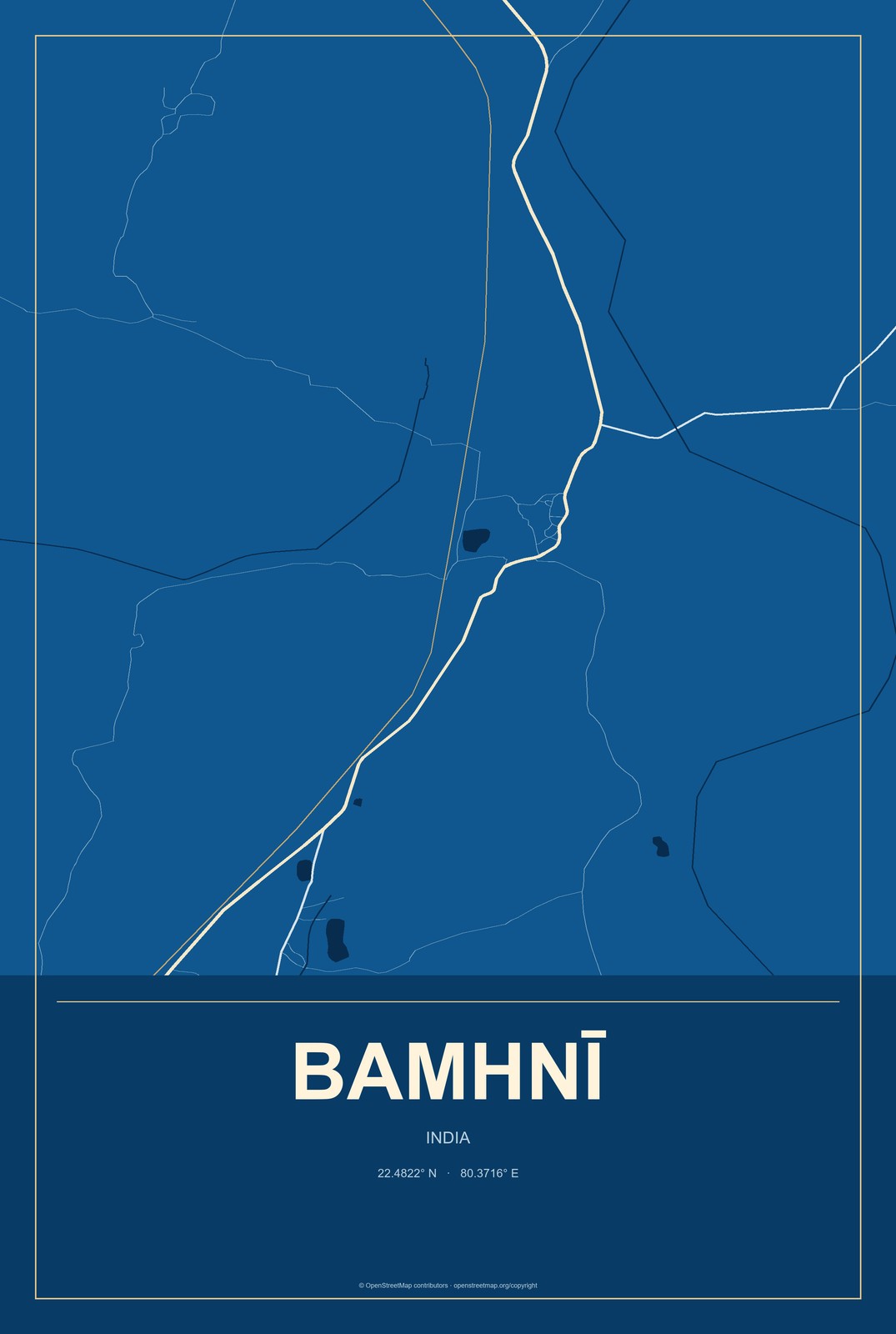 Bamhnī, India City Map Aluminum Sign in Harbor Cobalt style