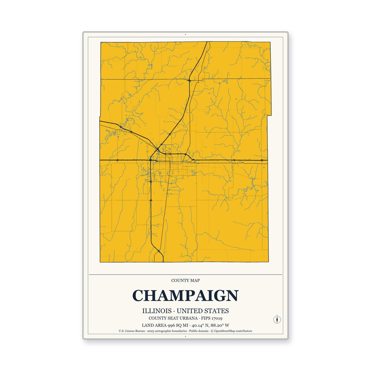 Champaign County, Illinois Map Aluminum Sign in Citrine Modern style