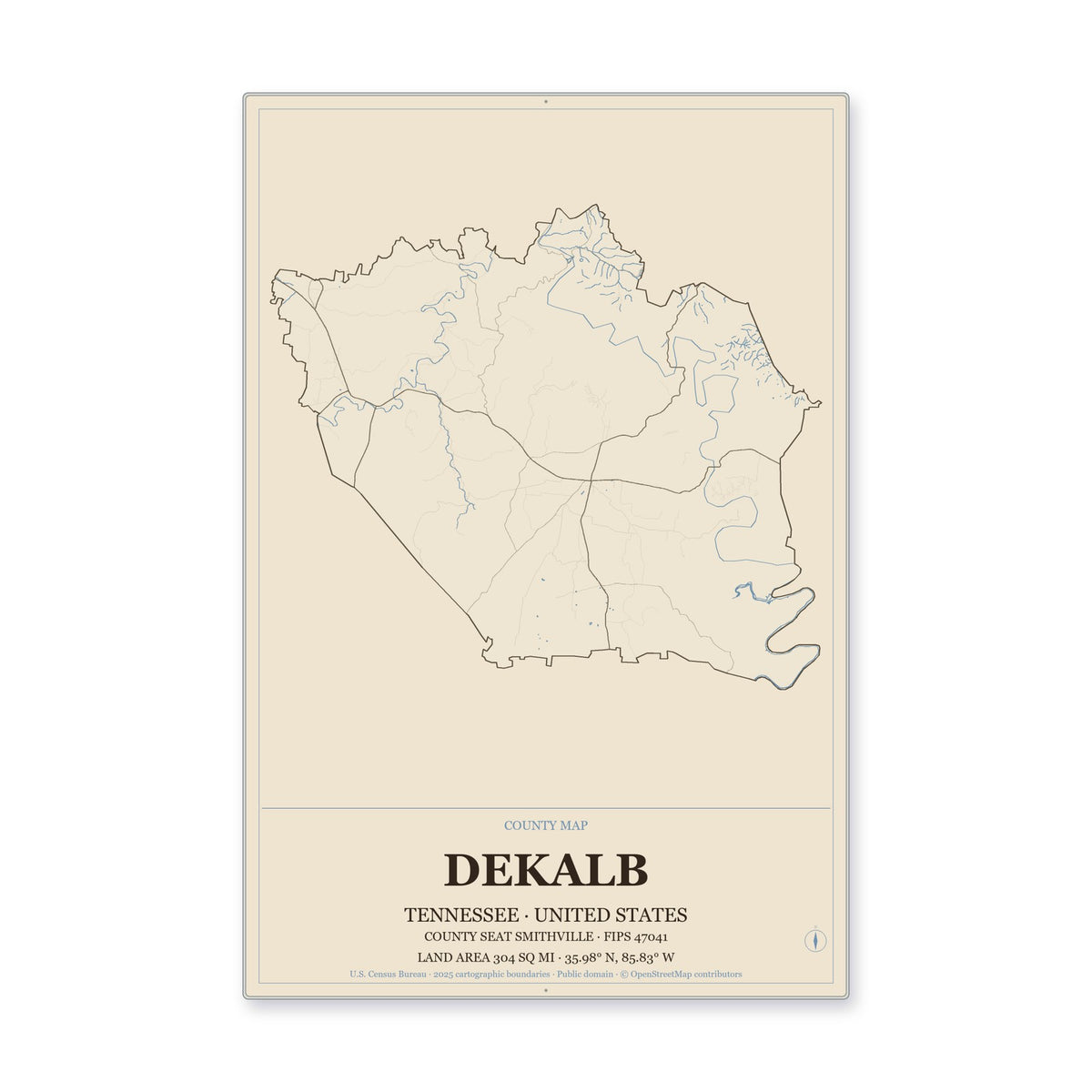 DeKalb County, Tennessee Map Aluminum Sign in Heritage Nautical style