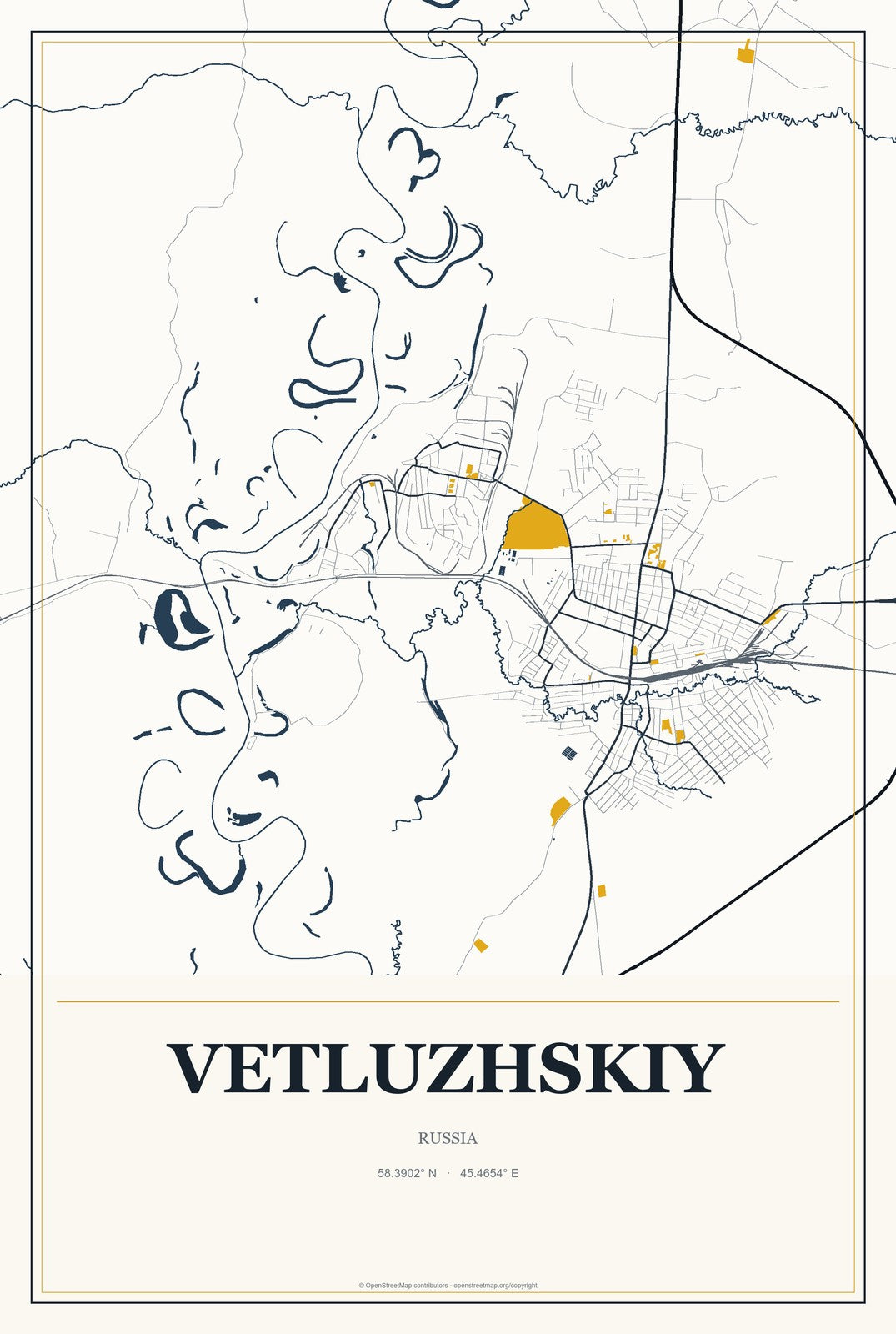 Vetluzhskiy, Russia City Map Aluminum Sign in Citrine Modern style