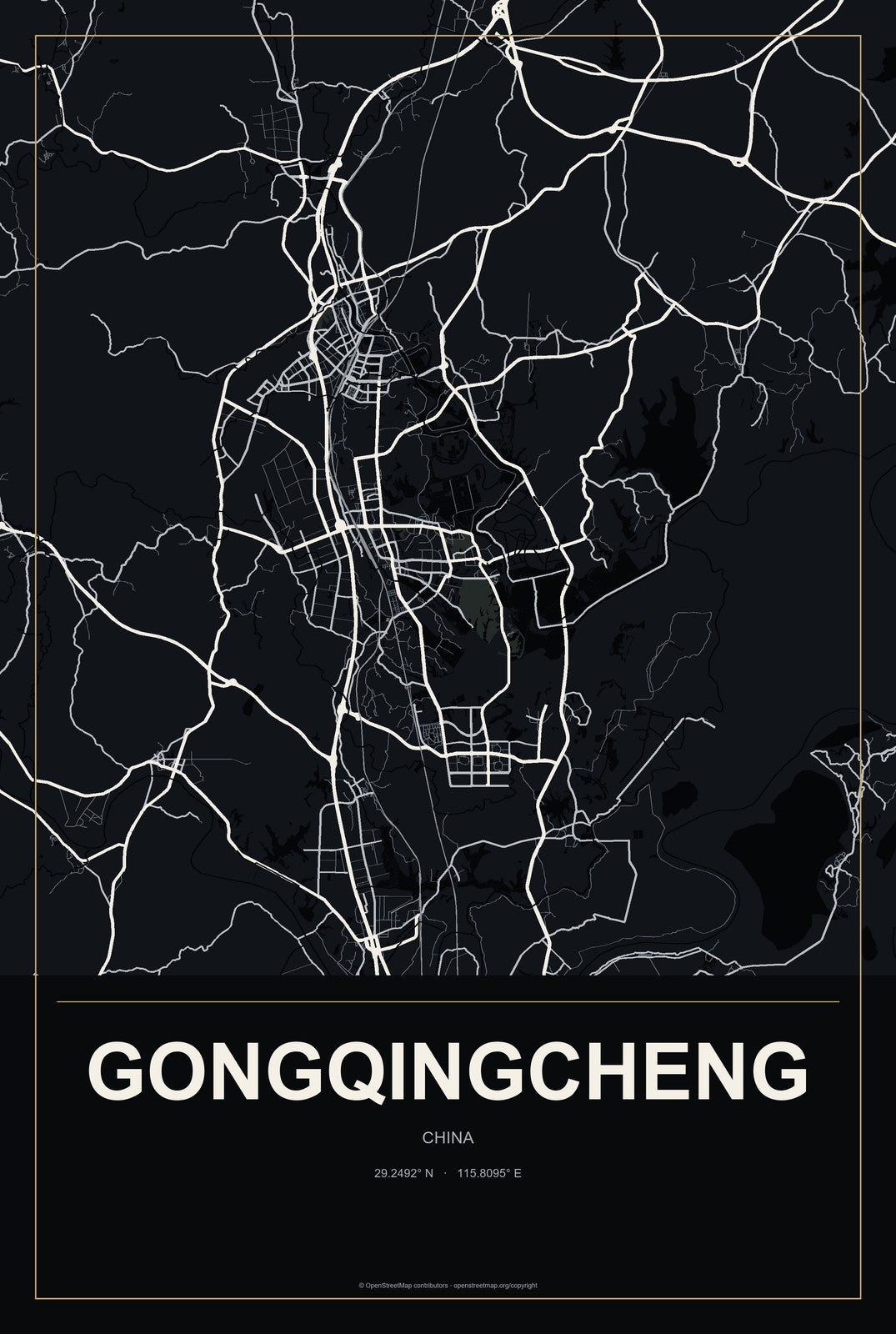 Gongqingcheng, China City Map Aluminum Sign in Metropolitan Noir style