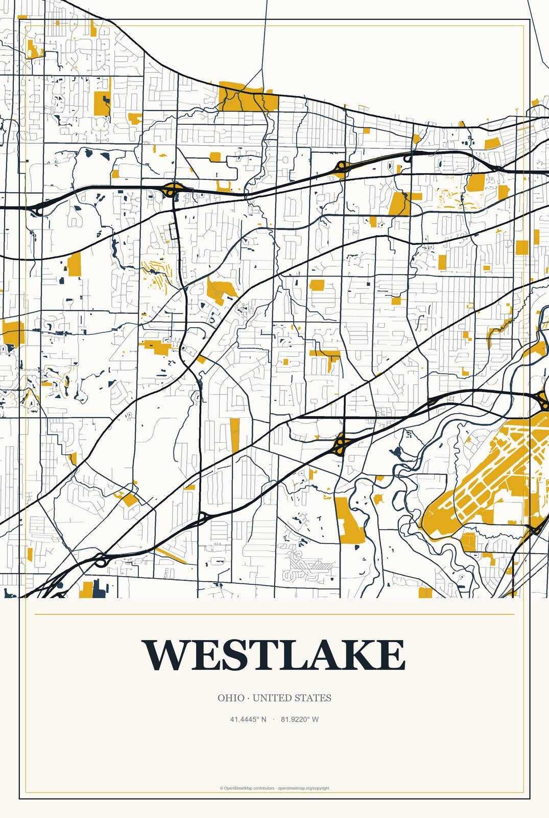 Westlake, Ohio City Map Aluminum Sign in Citrine Modern style