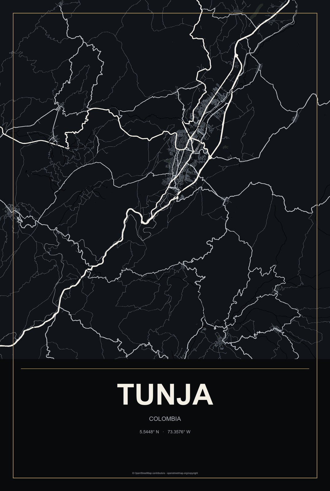 Tunja, Colombia City Map Aluminum Sign in Metropolitan Noir style