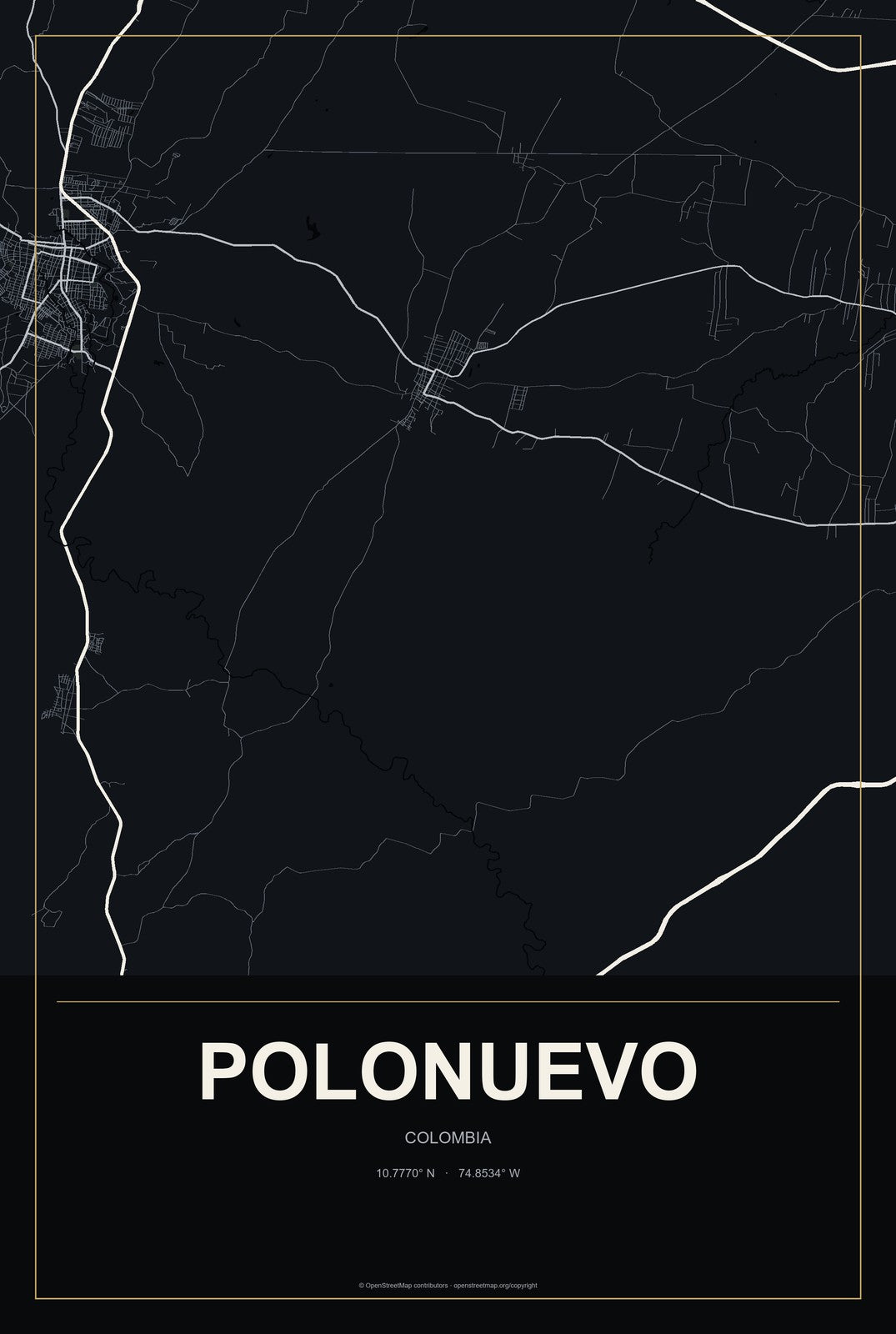 Polonuevo, Colombia City Map Aluminum Sign in Metropolitan Noir style