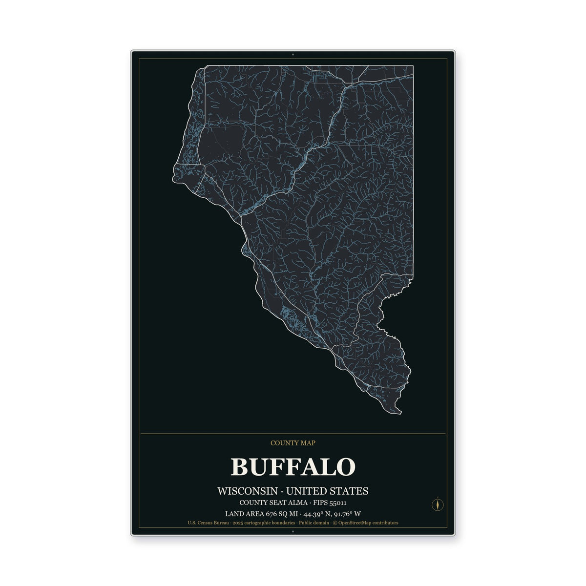 Buffalo County, Wisconsin Map Aluminum Sign in Metropolitan Noir style