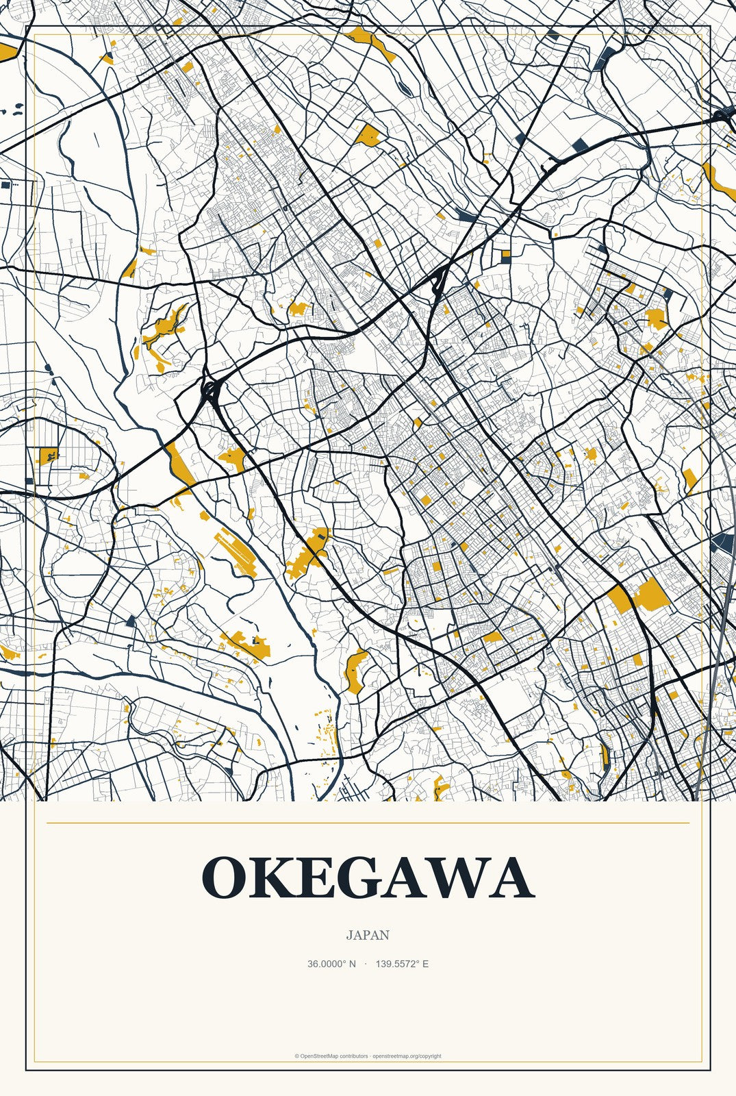 Okegawa, Japan City Map Aluminum Sign in Citrine Modern style