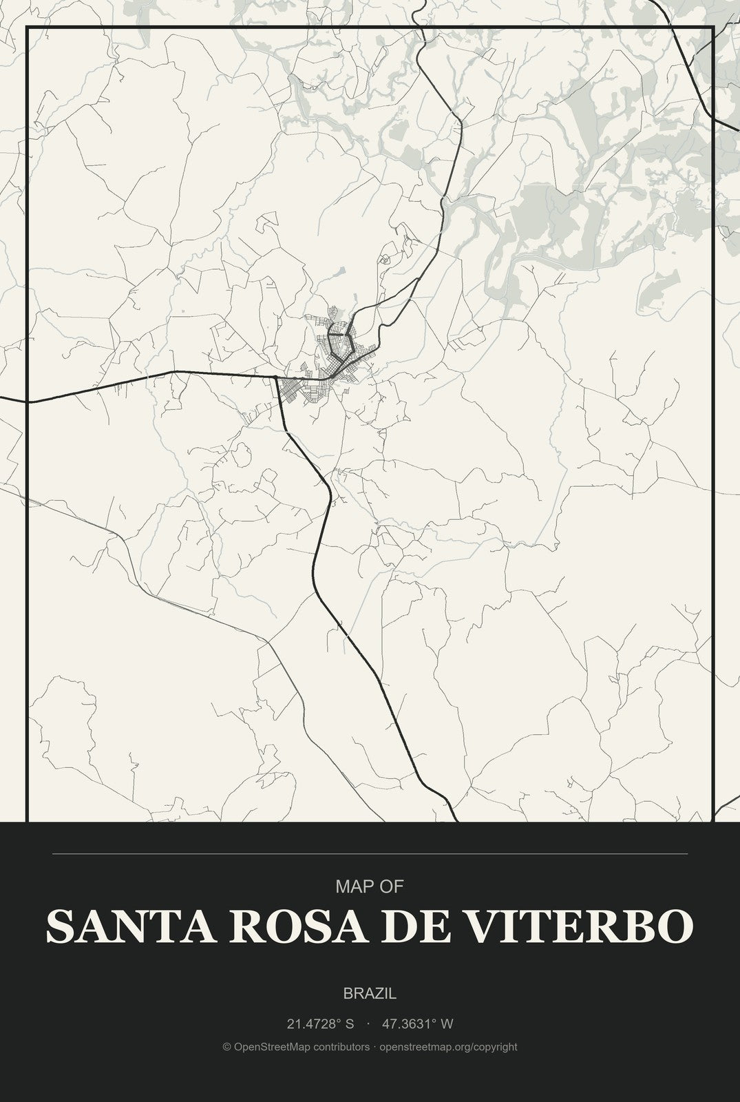 Santa Rosa de Viterbo, Brazil City Map Aluminum Sign in Museum Plaque style