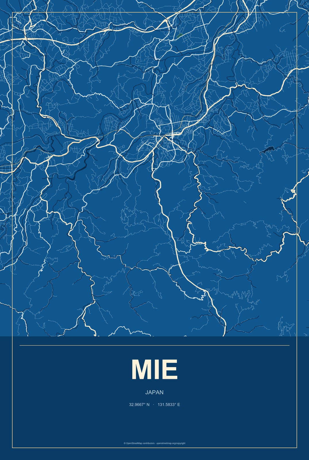 Mie, Japan City Map Aluminum Sign in Harbor Cobalt style