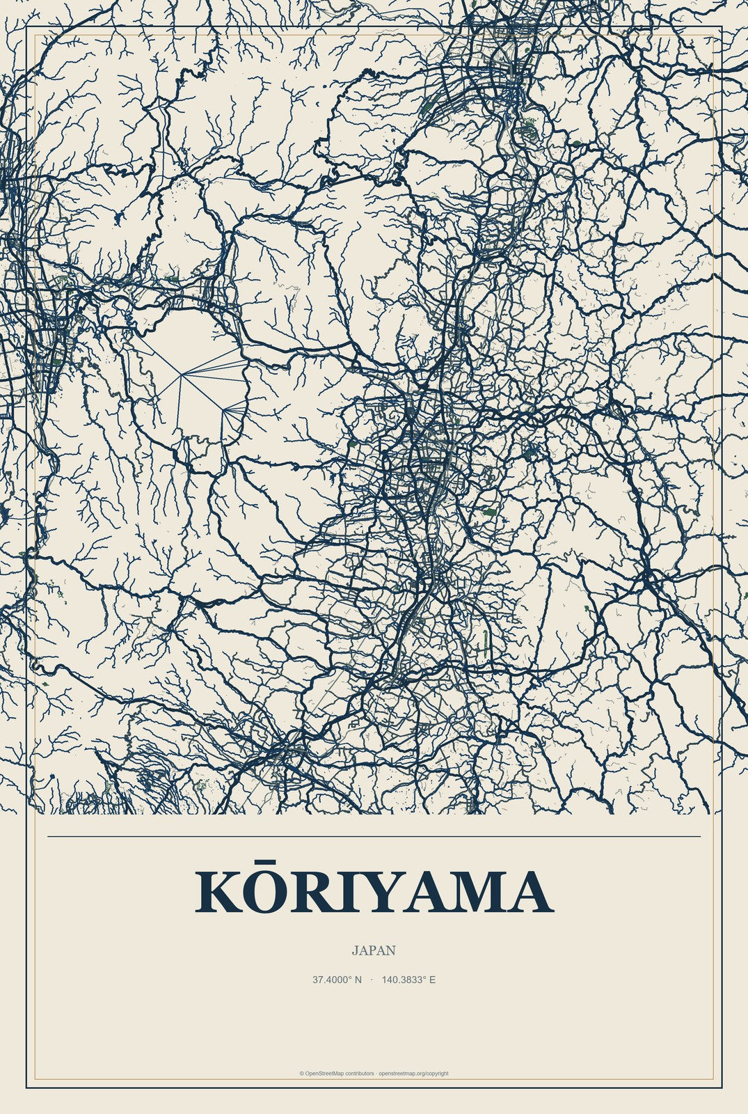 Kōriyama, Japan City Map Aluminum Sign in Coastal Cutout style