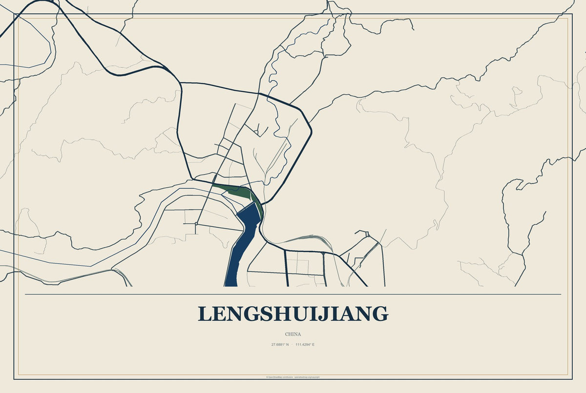 Lengshuijiang, China City Map Aluminum Sign in Coastal Cutout style