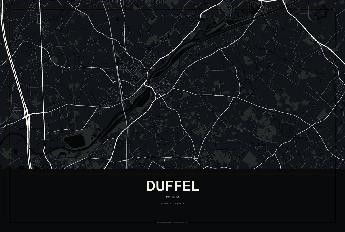 Duffel, Belgium City Map Aluminum Sign in Metropolitan Noir style