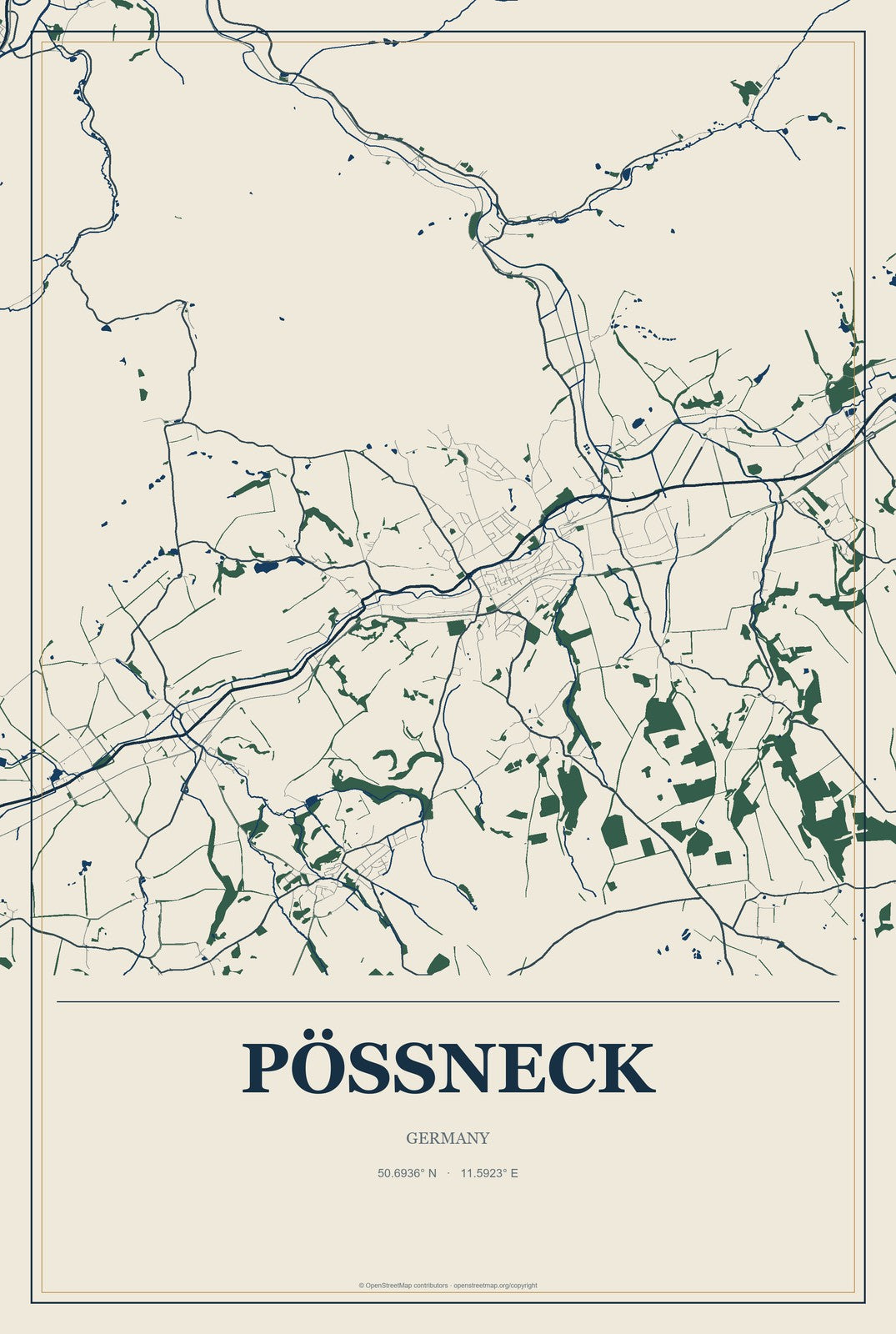 Pößneck, Germany City Map Aluminum Sign in Coastal Cutout style