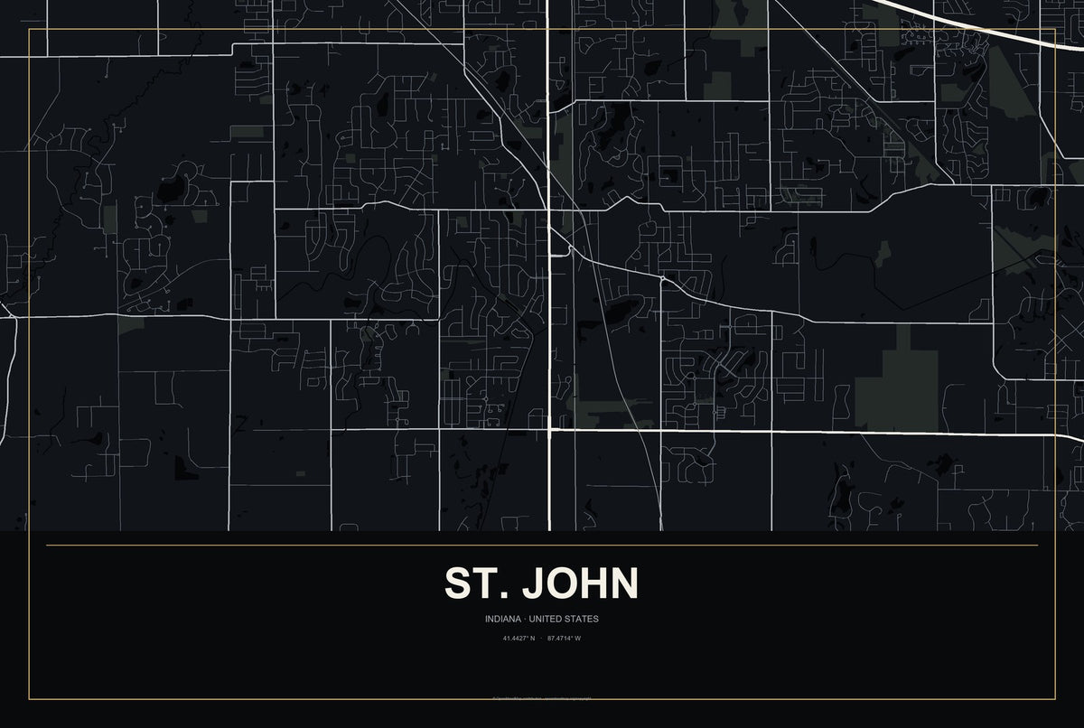 St. John, Indiana City Map Aluminum Sign in Metropolitan Noir style